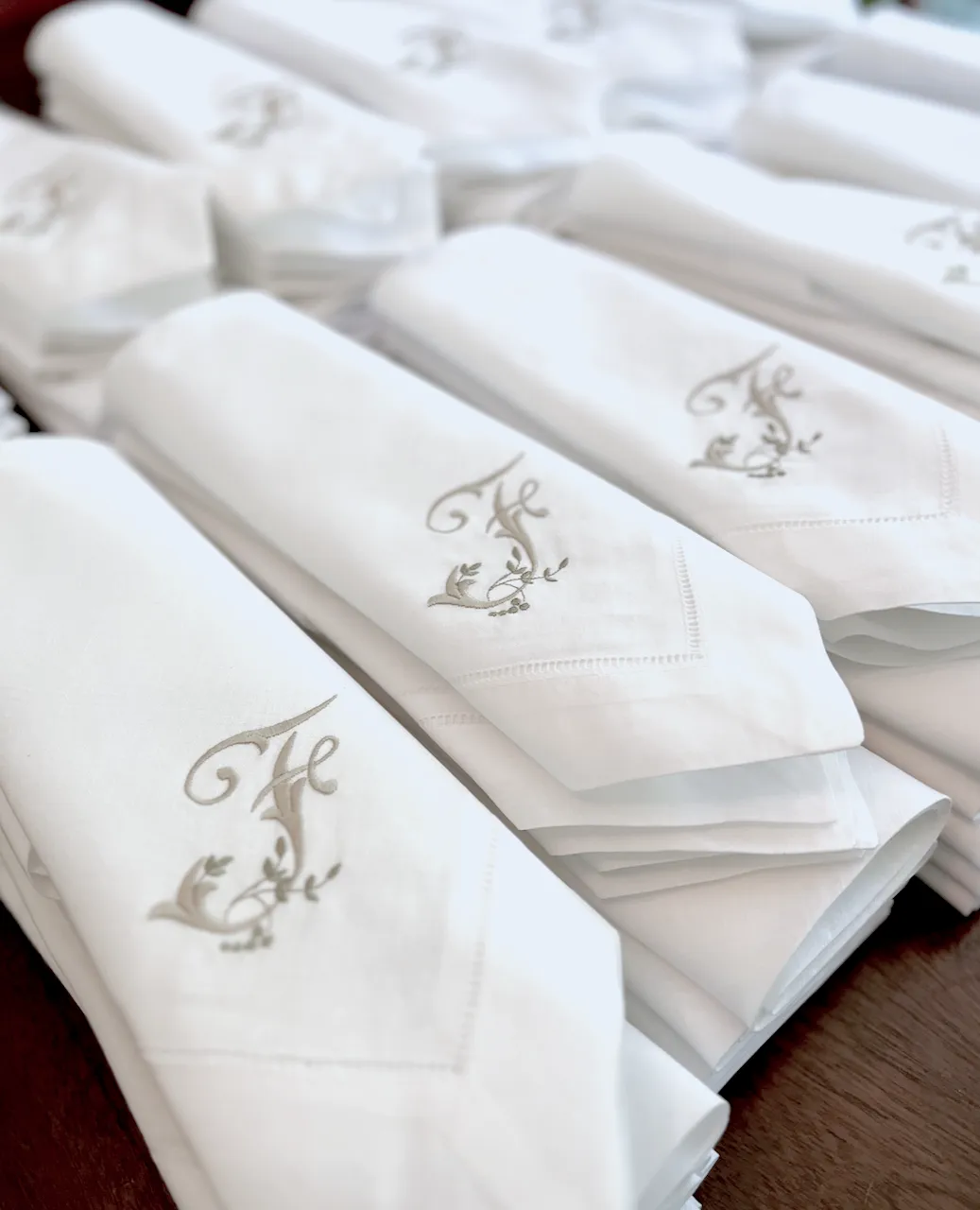 Set of 25 Large Order Monogrammed Wedding Napkins, Embroidered Dinner Napkins