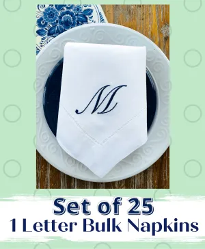 Set of 25 Large Order Monogrammed Wedding Napkins, Embroidered Dinner Napkins