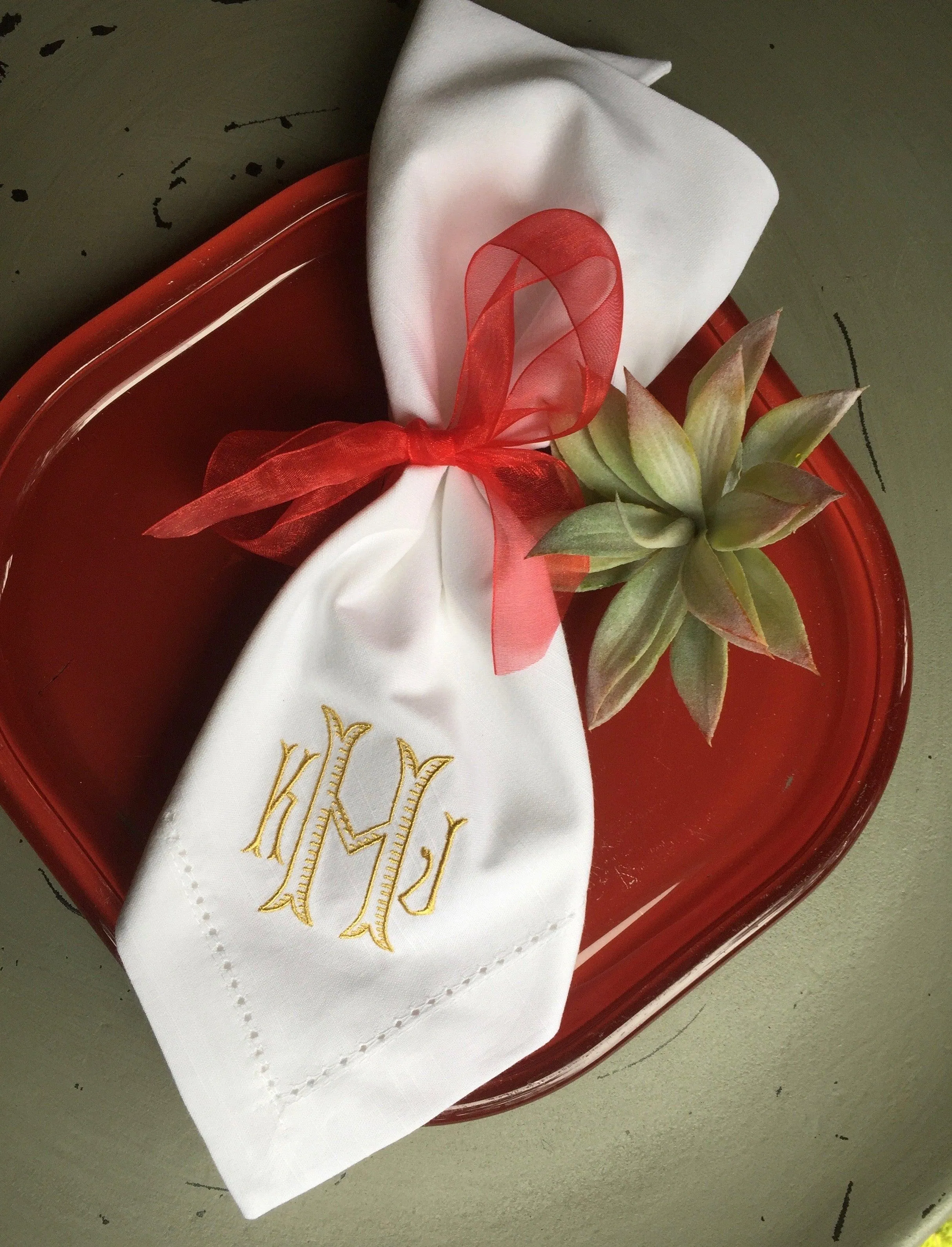 Set of 4 Baroque Monogrammed Wedding Napkins, Embroidered Dinner Napkins