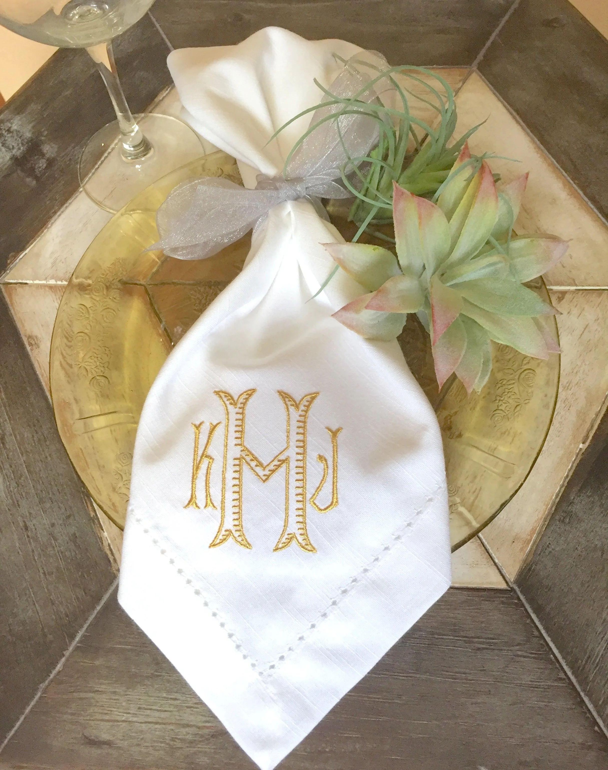 Set of 4 Baroque Monogrammed Wedding Napkins, Embroidered Dinner Napkins