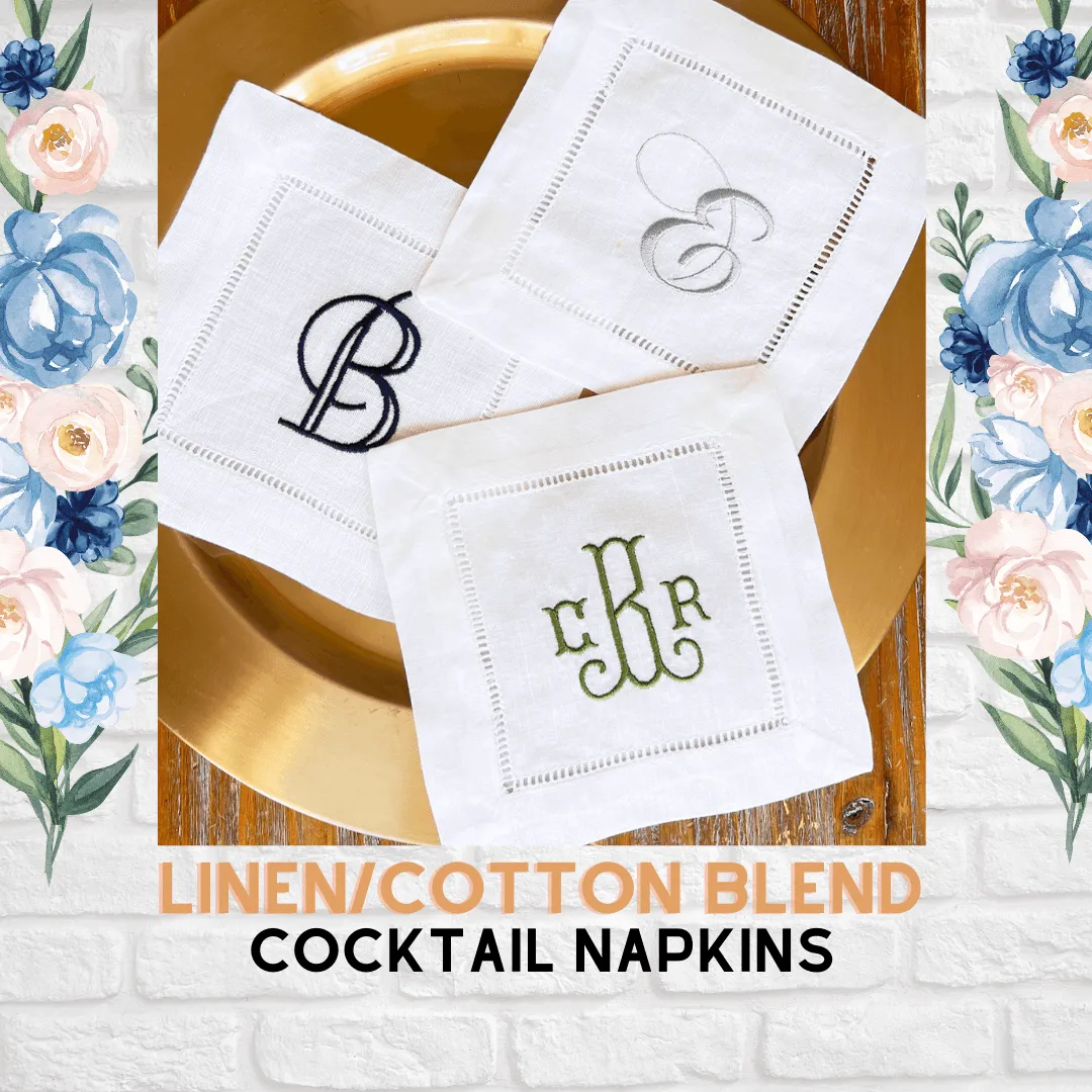 Set of 4 White Monogrammed Cotton/Linen Cocktail Napkins