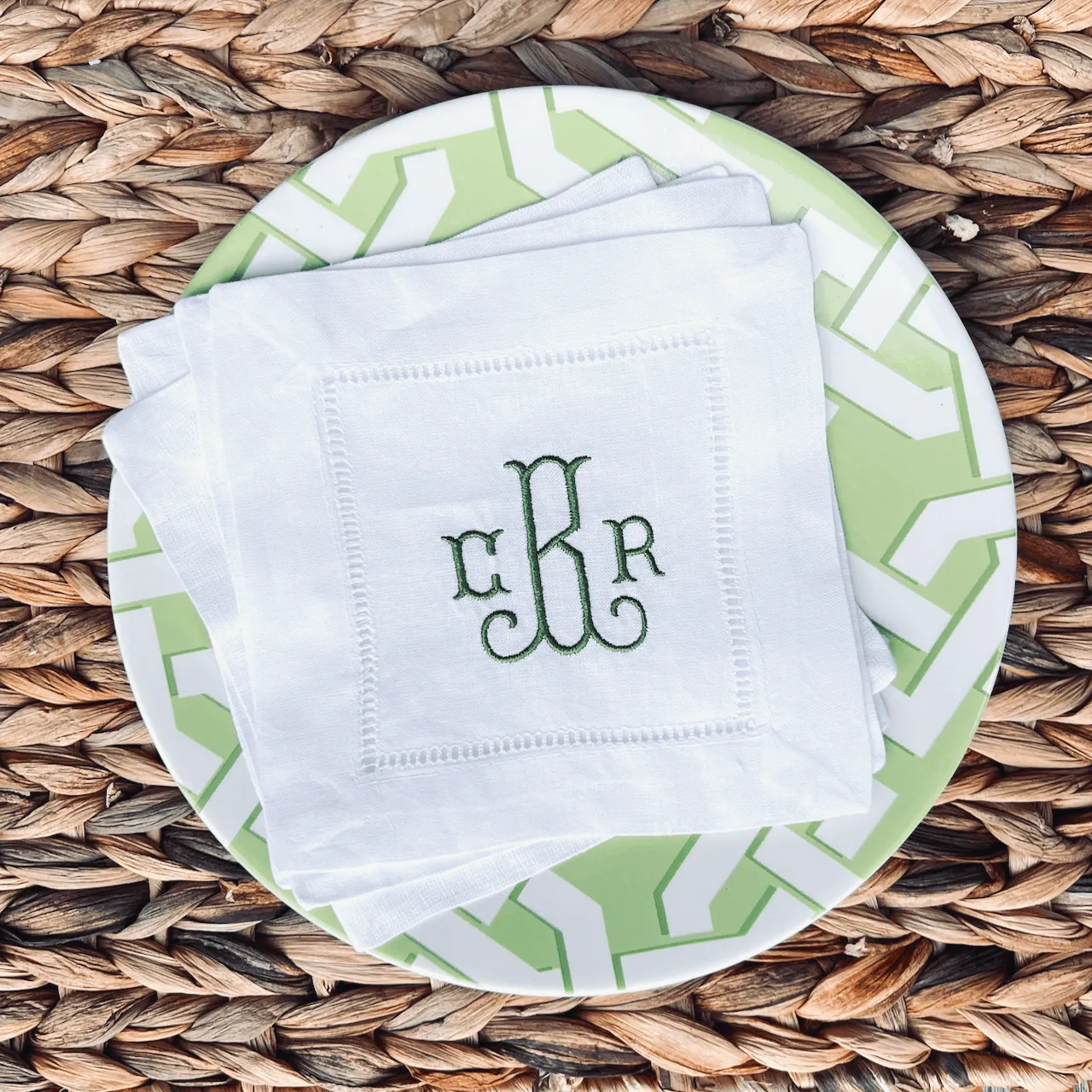 Set of 4 White Monogrammed Cotton/Linen Cocktail Napkins