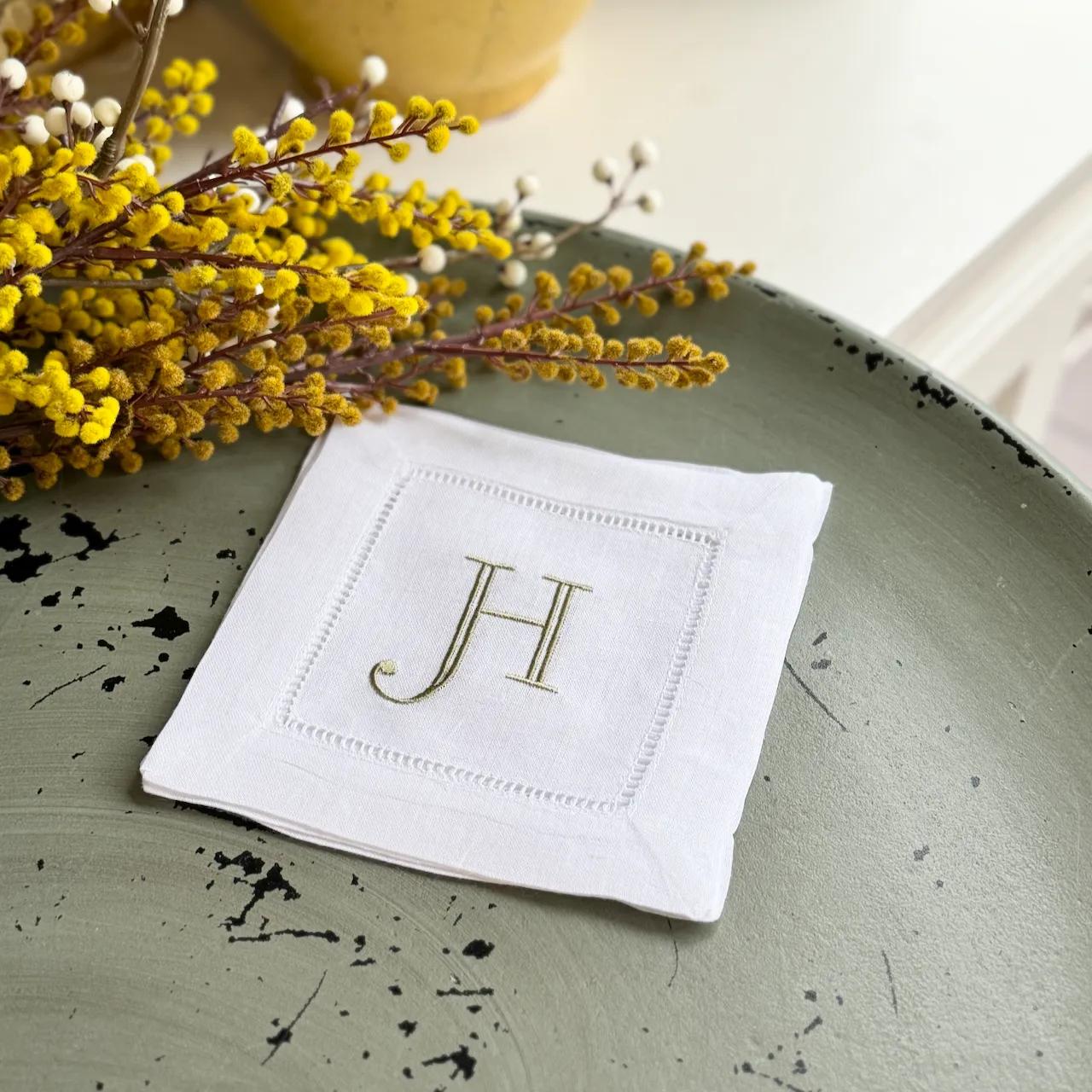 Set of 4 White Monogrammed Cotton/Linen Cocktail Napkins