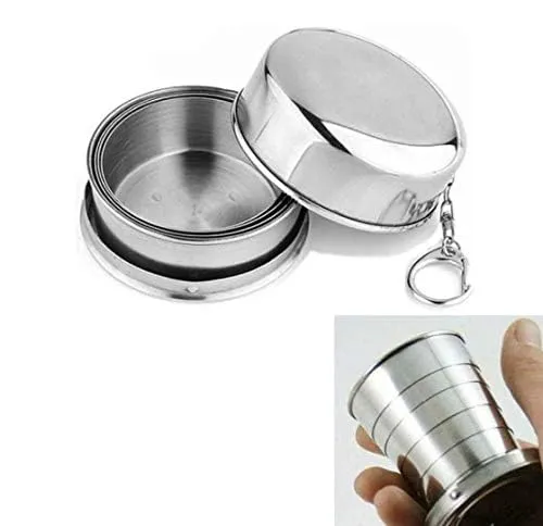 SILENCIO Folding Stainless Steel Water Glass for Picnic Outdoor/Indoor, Water Tumbler Cup with Keychain for Lassi Lemonade Juice Milk Cold Drinks Beverage Drinking Tumbler (75ml)