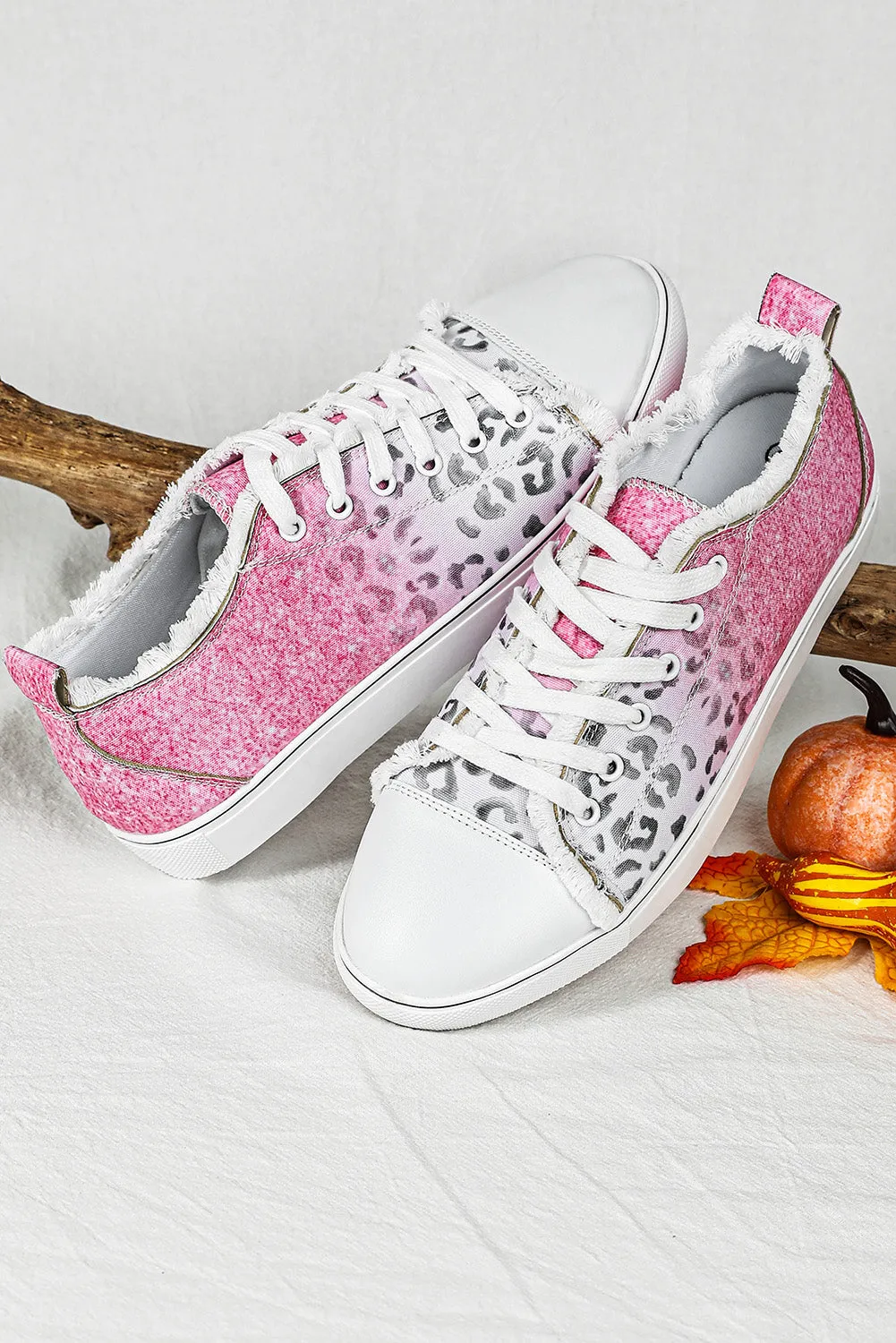 Women Pink Ombre Leopard Print Canvas Shoes Low Top Lace Up Casual Canvas Sneakers