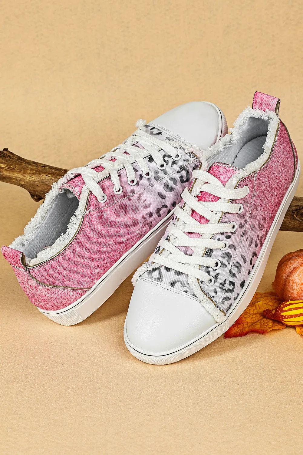 Women Pink Ombre Leopard Print Canvas Shoes Low Top Lace Up Casual Canvas Sneakers