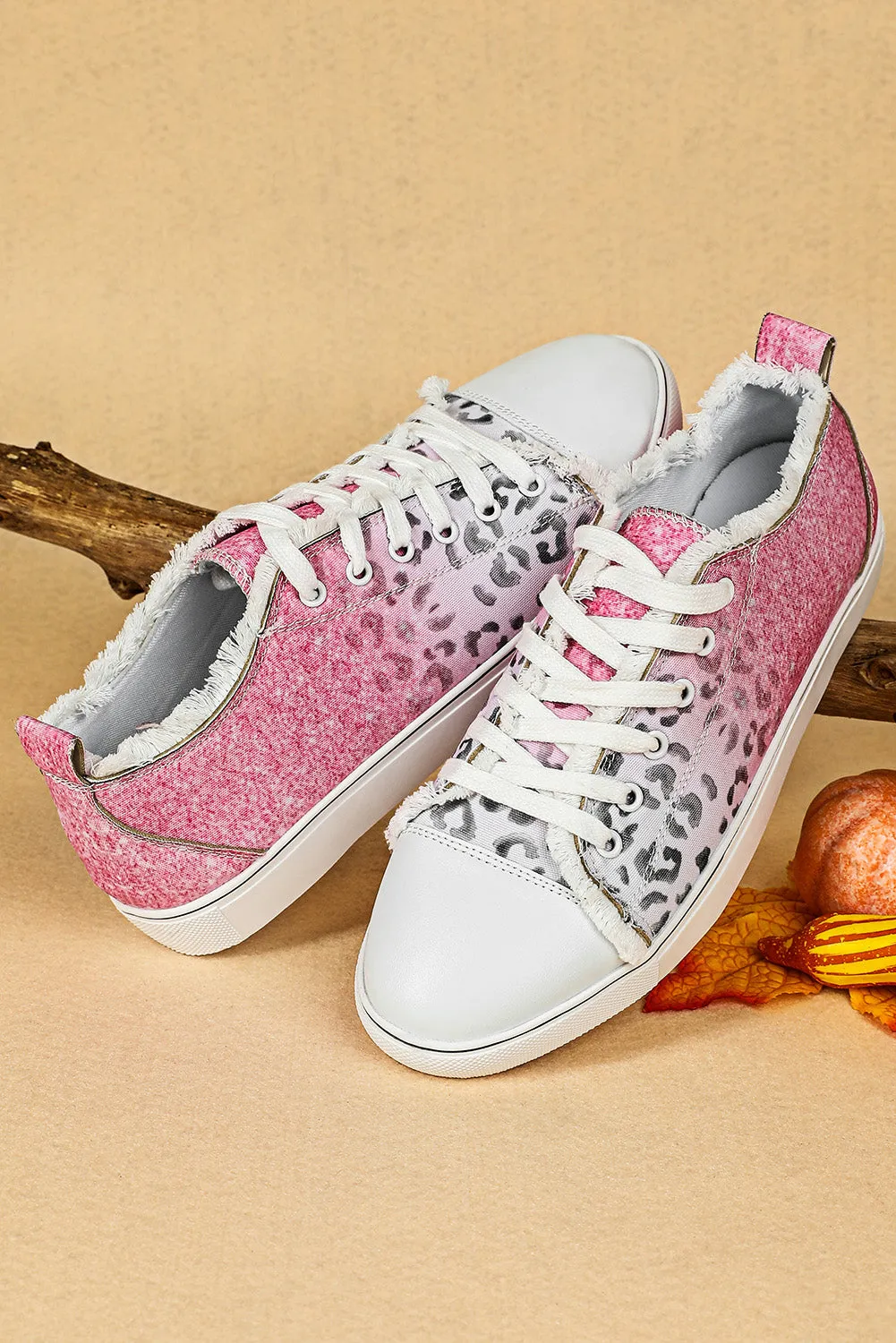 Women Pink Ombre Leopard Print Canvas Shoes Low Top Lace Up Casual Canvas Sneakers