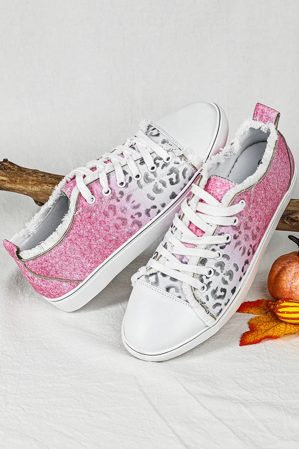 Women Pink Ombre Leopard Print Canvas Shoes Low Top Lace Up Casual Canvas Sneakers