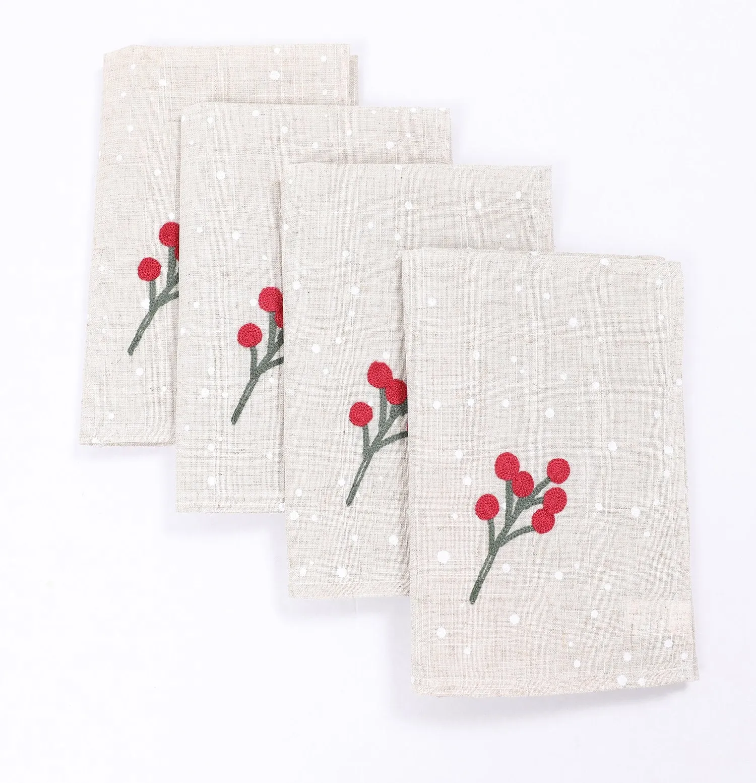 XD19816-Holly Berry Branch Crewel Embroidered Christmas Napkins, 20 by